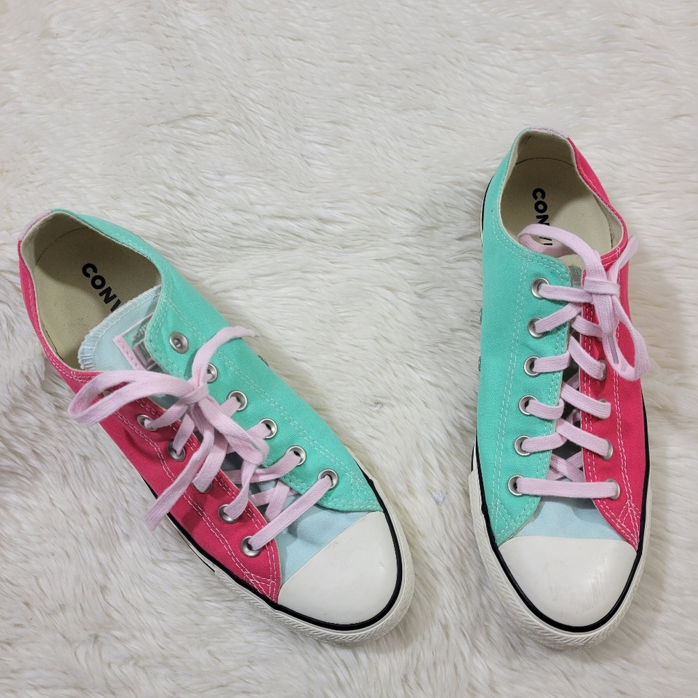 Converse all star ox low top chuck taylors pink and teal colorblock size 10